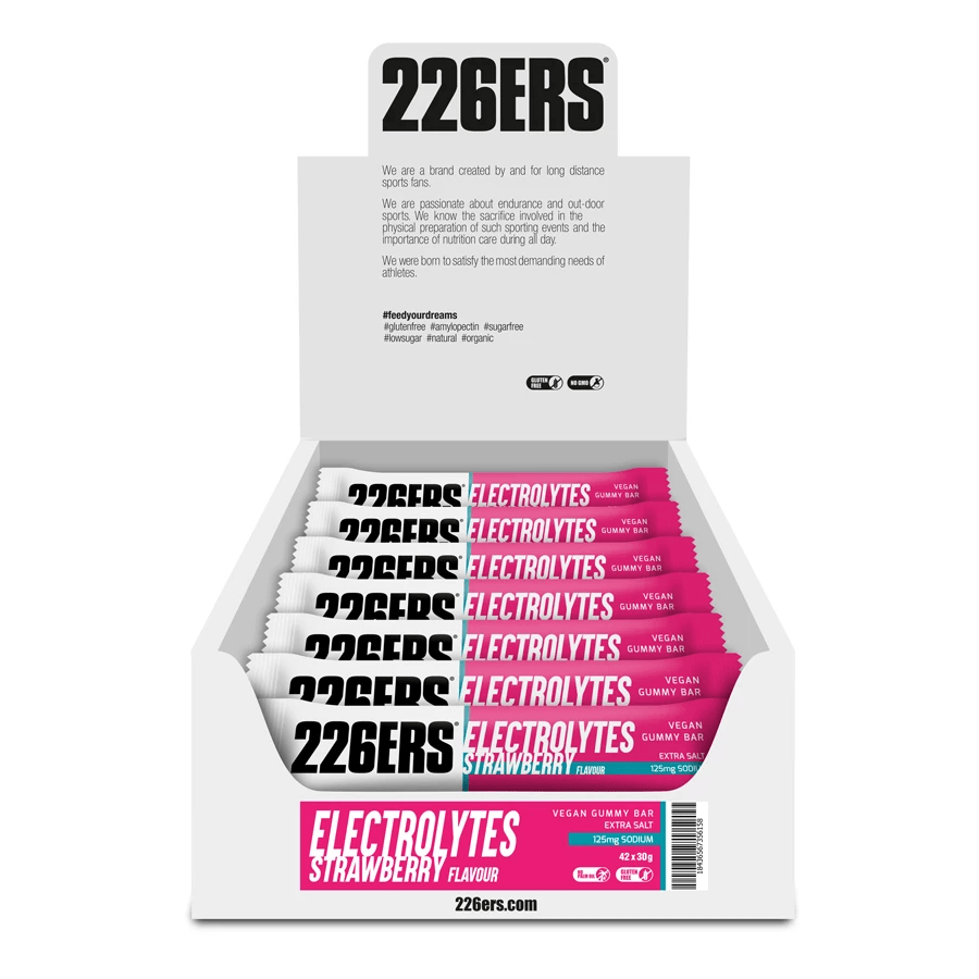 226ers Energy Bars Box of 42 / Strawberry w/t Electrolytes Vegan Gummy Bar XMiles